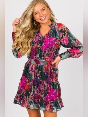 Fate Floral Velvet Burnout Mini Dress Tassel Tie Berry Multi, L, Vibrant, Boho